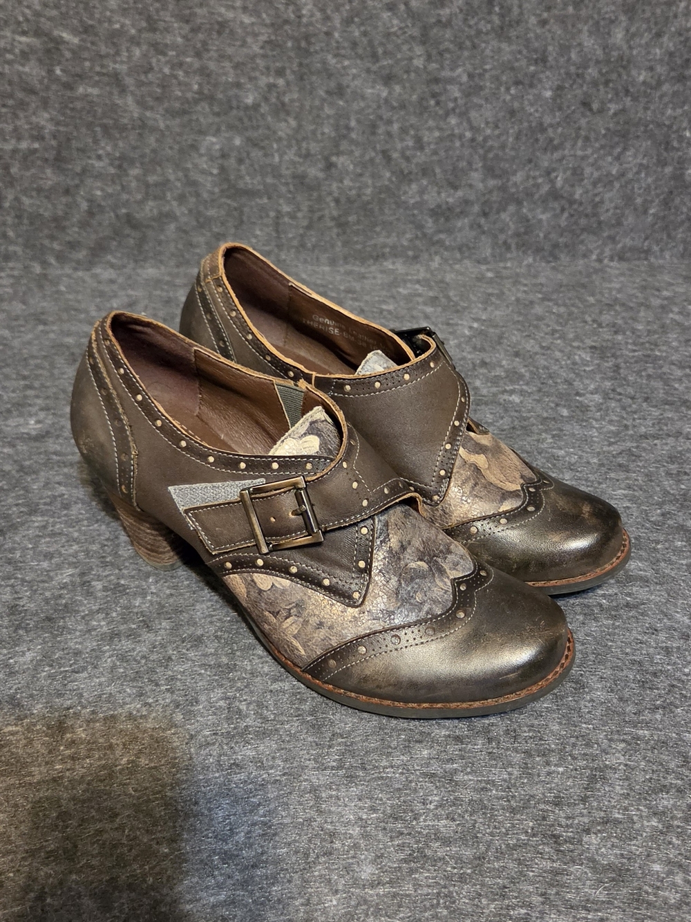 L'Artiste Therise Brown Buckle Heeled Boots Size 8 EU 38 Wingtip Floral